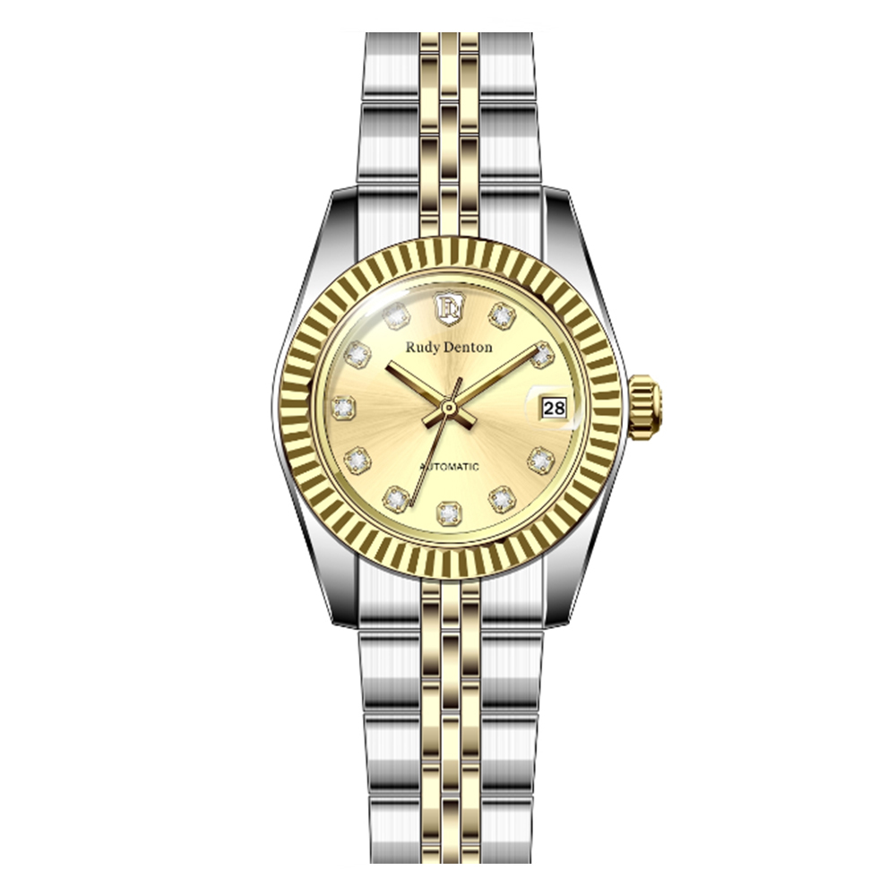 【Rudy Denton 勞迪丹頓】RDT-004 晶鑽時標 鏤空背蓋  防水30米 雙色 不鏽鋼 機械錶