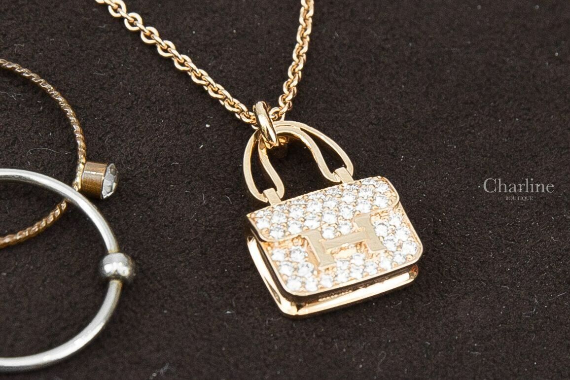 Hermès Amulettes Constance Pendant 玫瑰金鑲鑽康康包墜飾項鍊