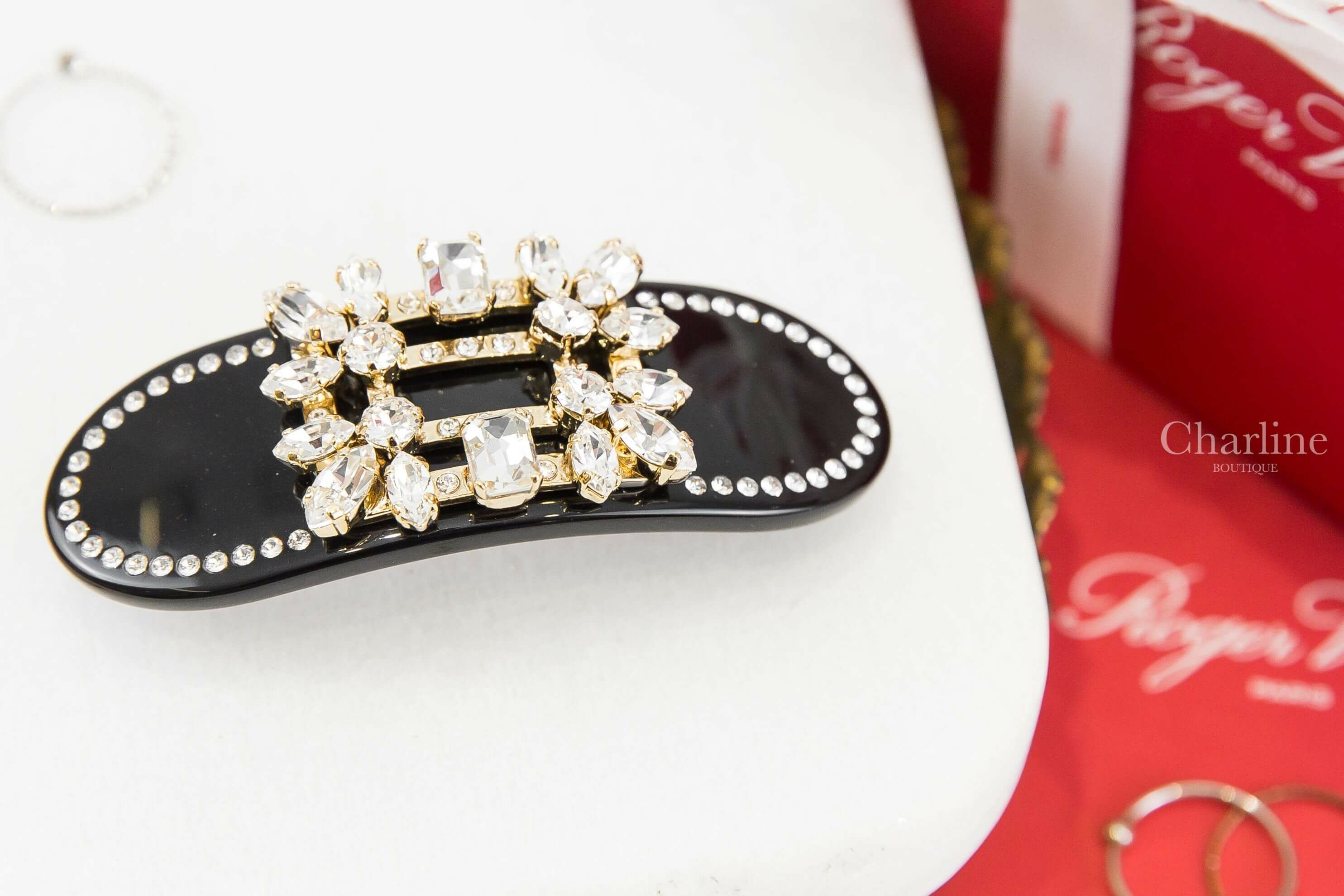 Roger Vivier Broche Vivier Buckle Hair Clip 黑色壓克力水鑽滾邊金色水晶方釦髮飾
