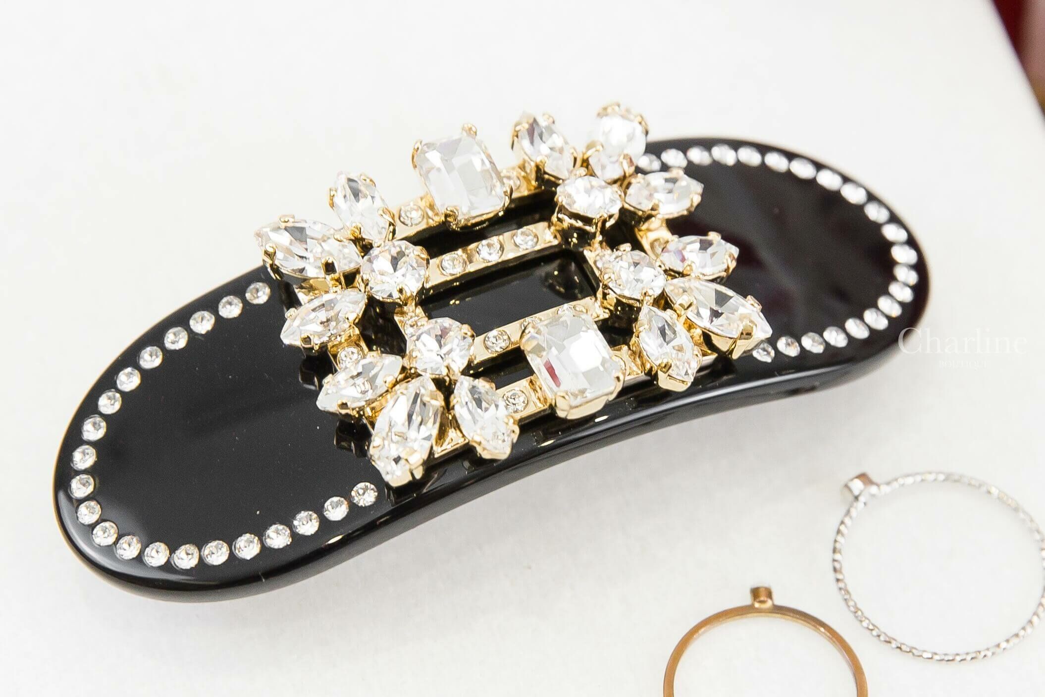 Roger Vivier Broche Vivier Buckle Hair Clip 黑色壓克力水鑽滾邊金色水晶方釦髮飾