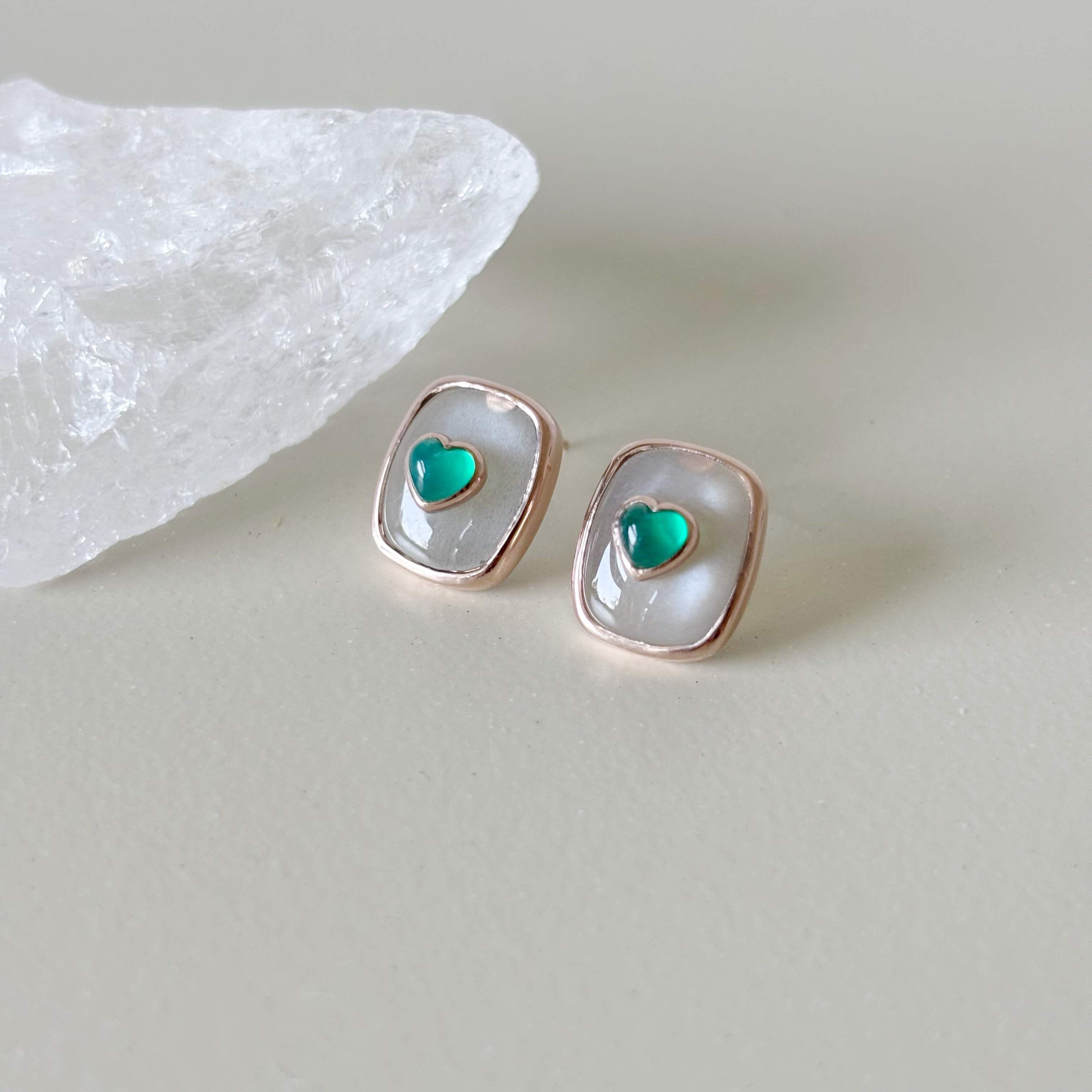 QQHeart Doublets綠瑪瑙銀月光耳環