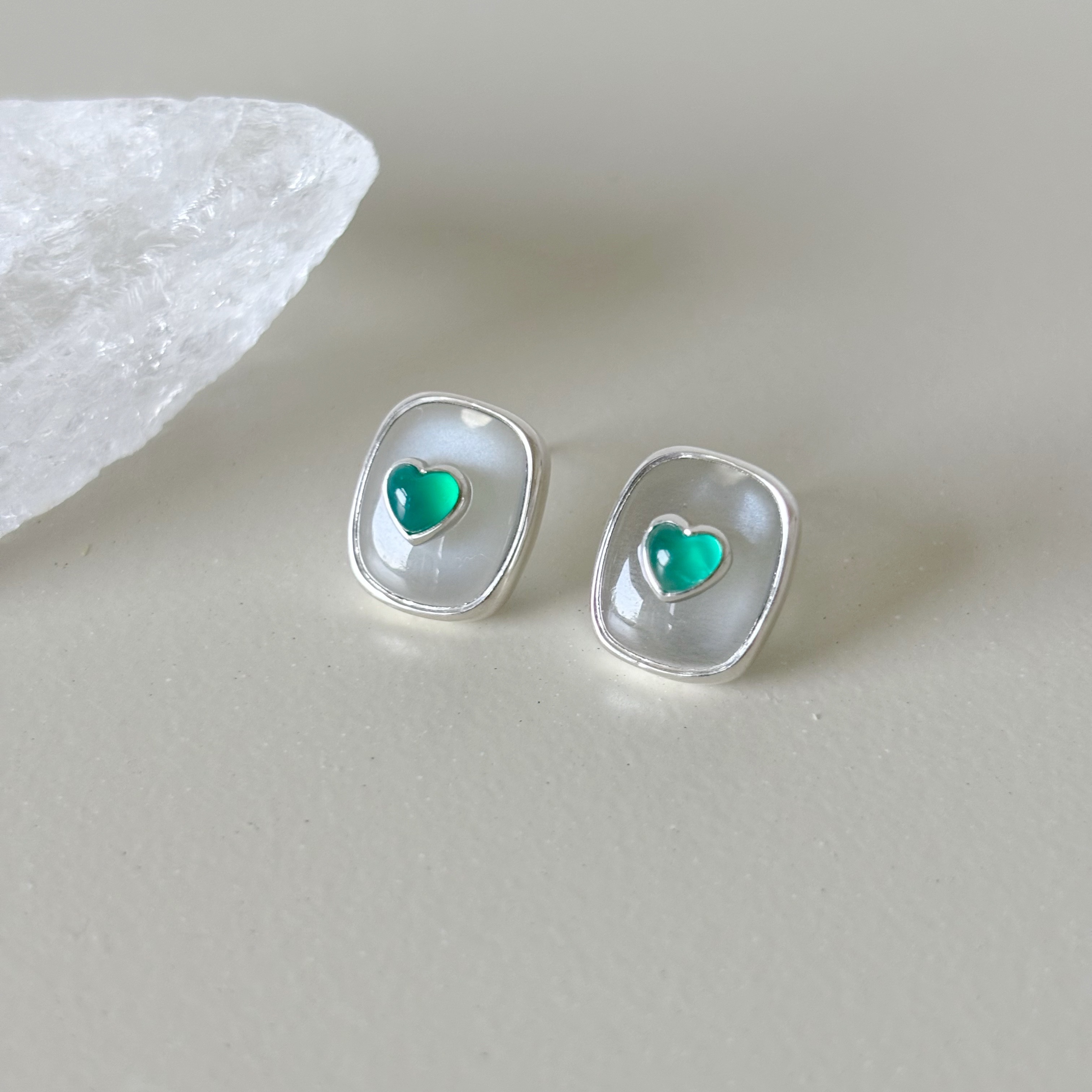 QQHeart Doublets綠瑪瑙銀月光耳環