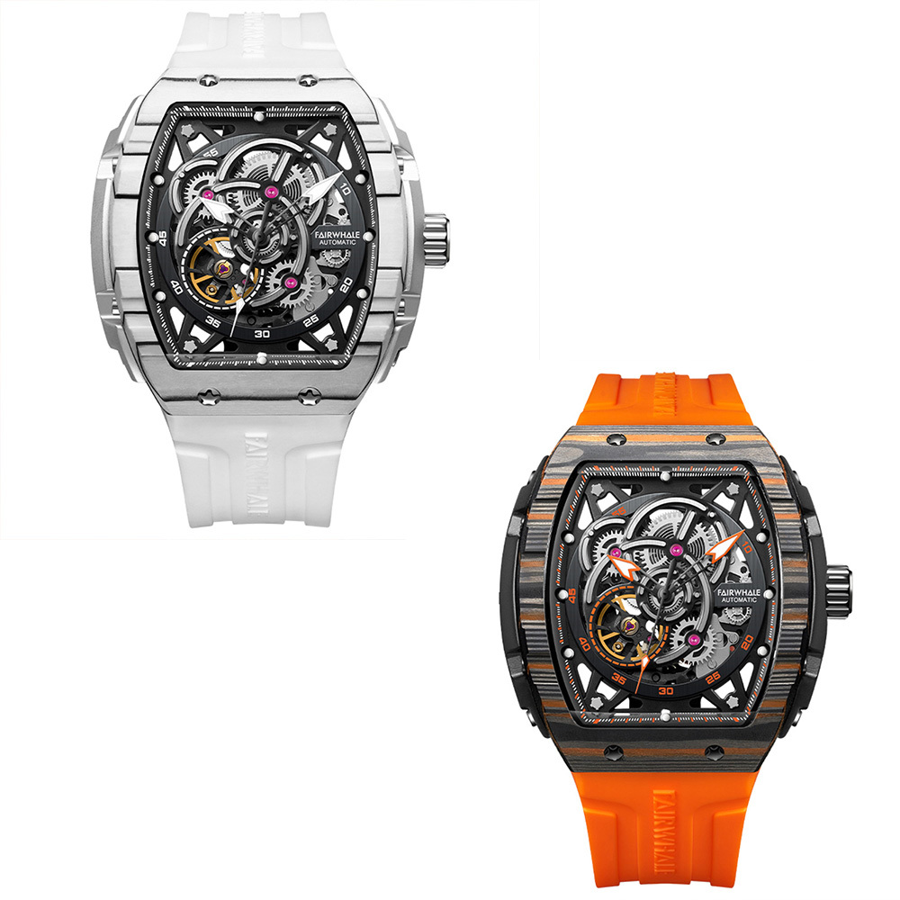 (預購)【Mark Fairwhale 馬克菲爾】6660 酒桶型 碳纖維 合金 雙面 鏤空 多齒輪 夜光 機械錶