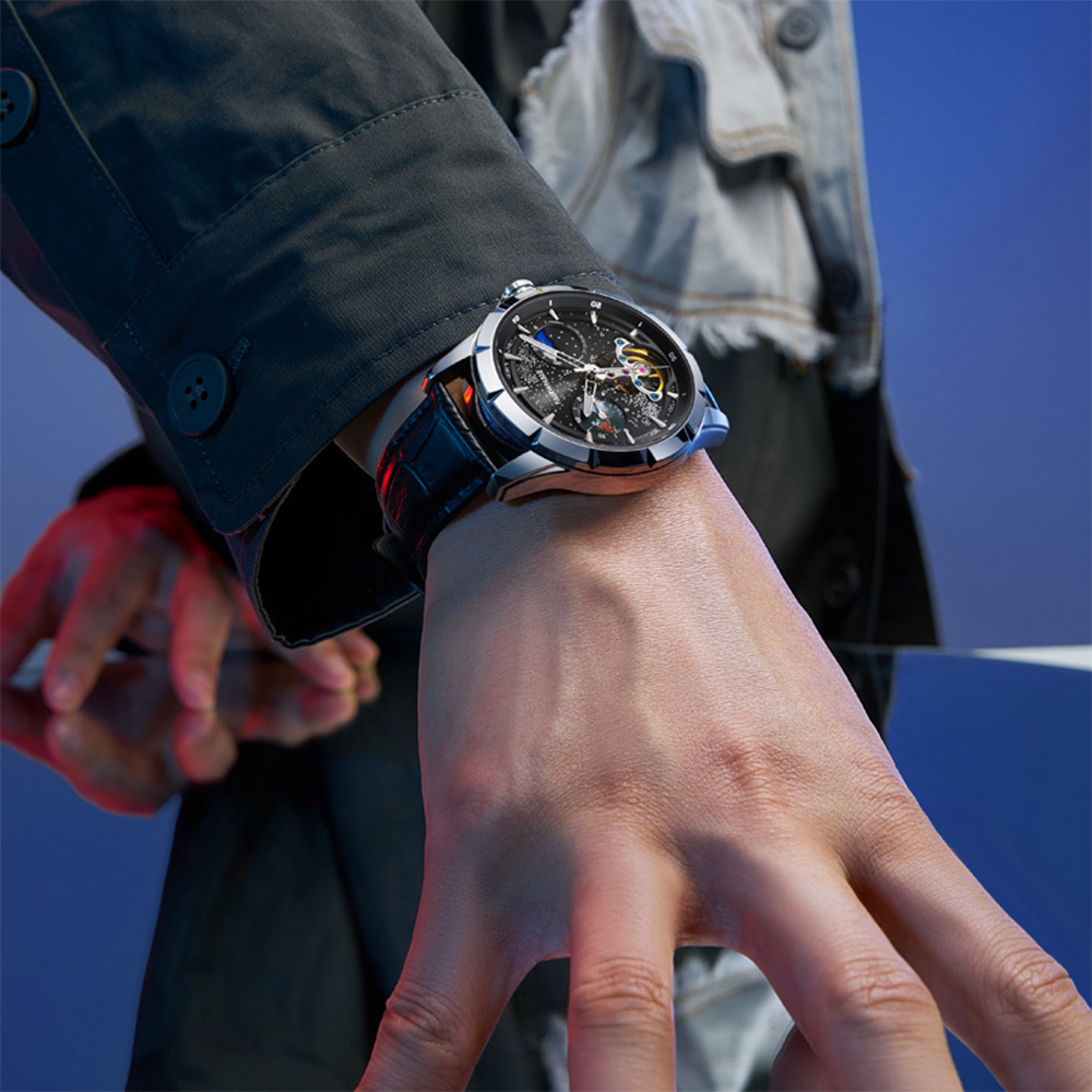 【Mark Fairwhale 馬克菲爾】6690 日月星辰 異地錶盤 前衛科幻 自動機械 夜光 真皮 腕錶 手錶