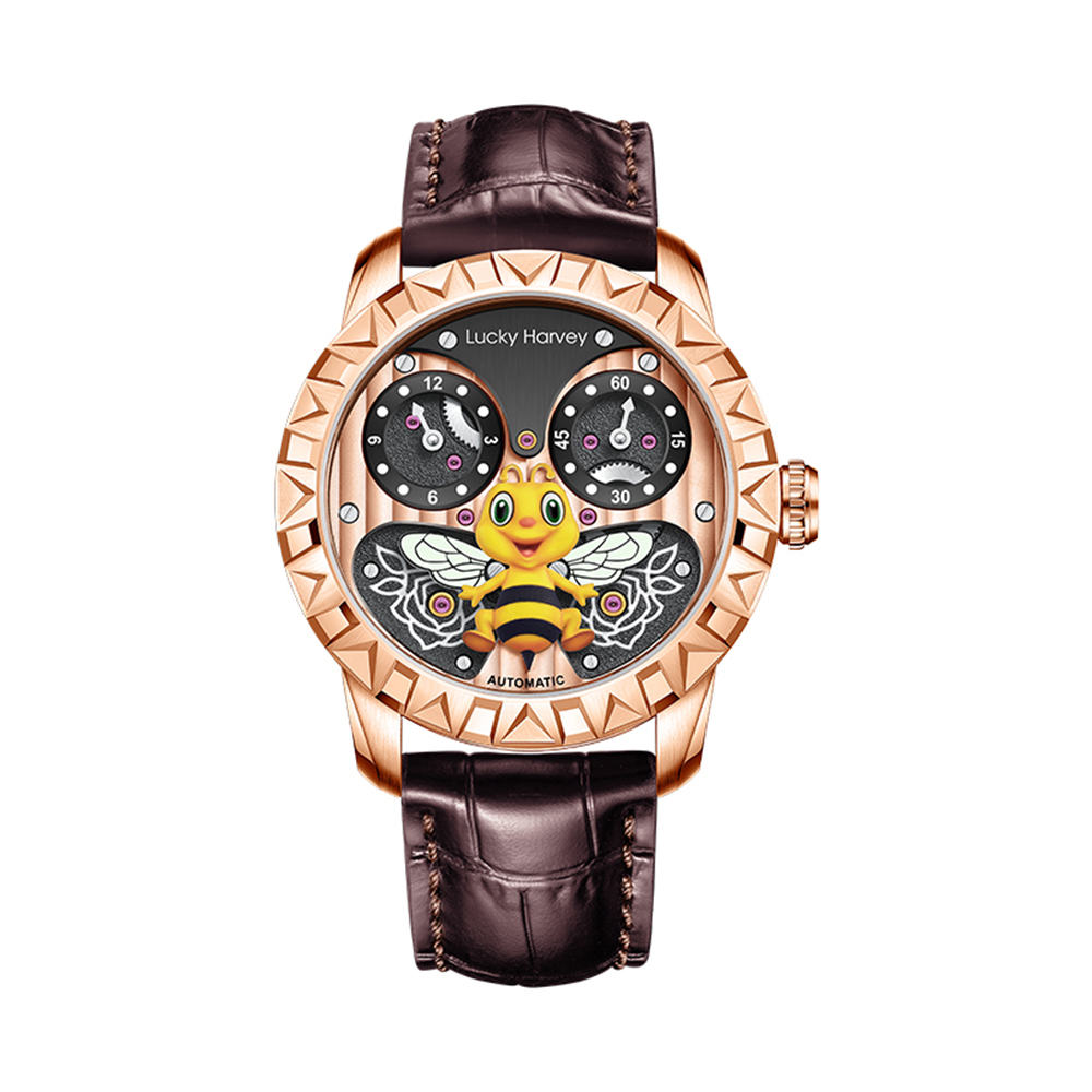 【LUCKY HARVEY 真樂時】LHY-A002 機械 可愛蜜蜂 不鏽鋼 夜光動態 皮革 機械 手錶-