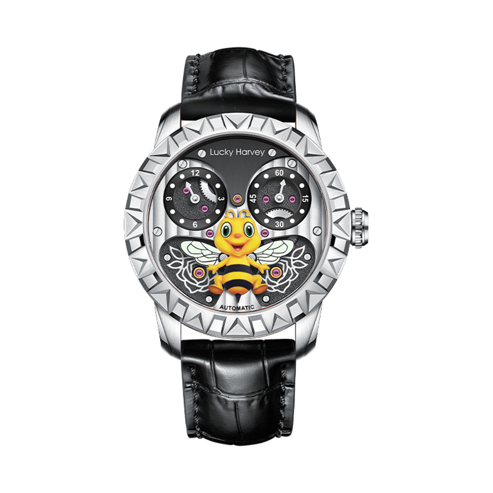 【LUCKY HARVEY 真樂時】LHY-A002 機械 可愛蜜蜂 不鏽鋼 夜光動態 皮革 機械 手錶-