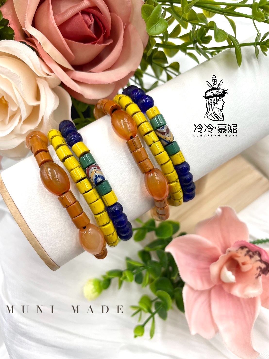 Muni-No.77貿易老珠橢圓瑪瑙繞圈式手鍊44.5cm