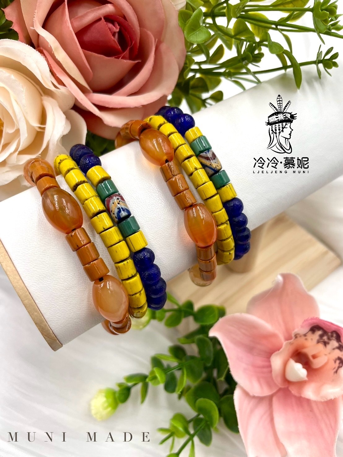 Muni-No.77貿易老珠橢圓瑪瑙繞圈式手鍊44.5cm