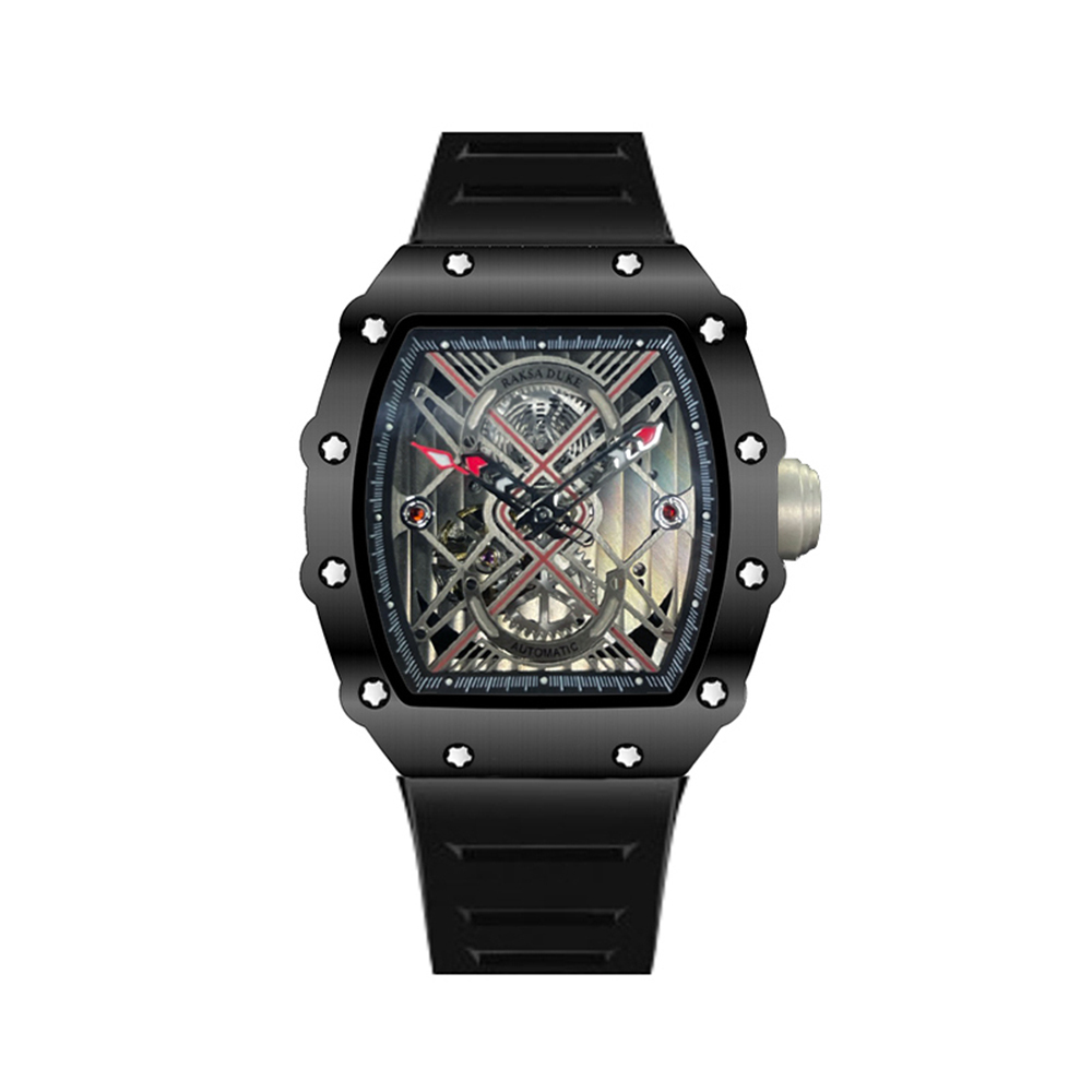 【RAKSA DUKE羅薩公爵】RSD-036 酒桶型 漸層鏤空機械錶盤 夜光指針刻度 矽膠錶帶 防水50米 腕錶-