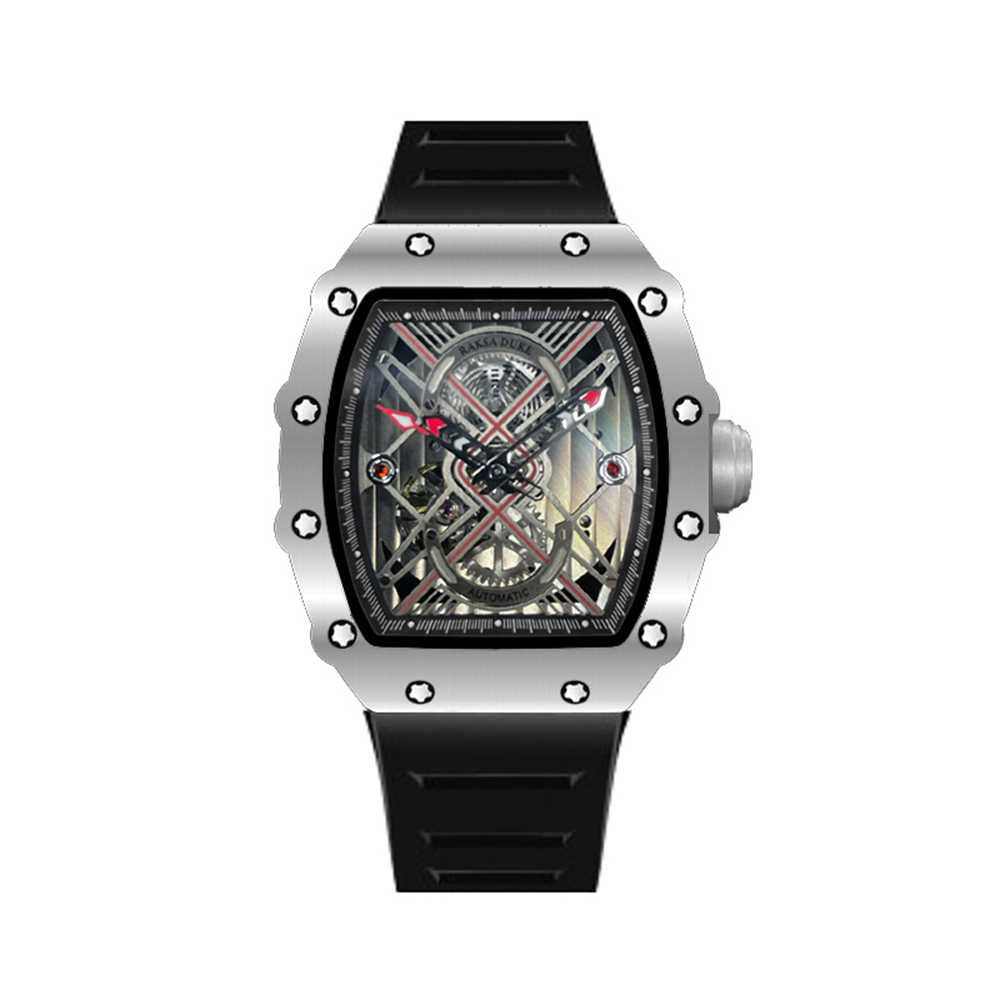 【RAKSA DUKE羅薩公爵】RSD-036 酒桶型 漸層鏤空機械錶盤 夜光指針刻度 矽膠錶帶 防水50米 腕錶-