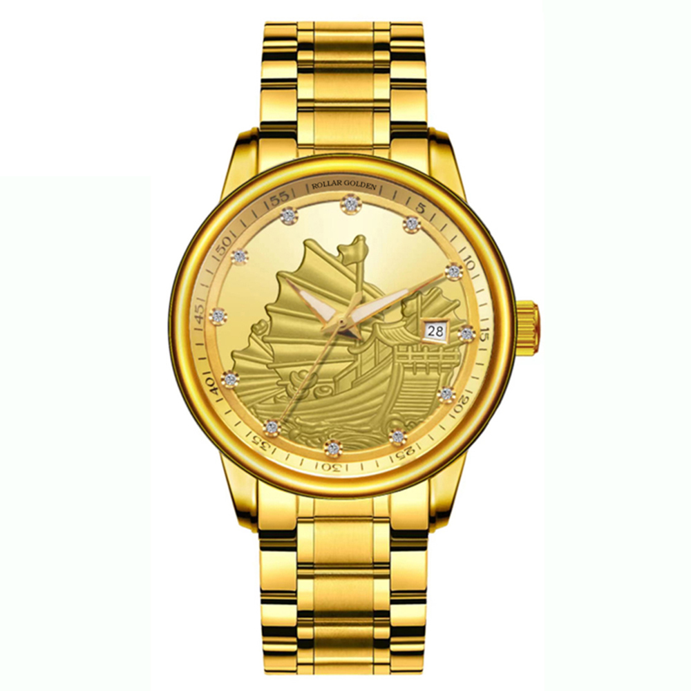 【RAKSA DUKE羅薩公爵】RSD-029 金龍/金虎/一帆風順 晶鑽時標 12點真鑽 表面黃金 鏤空背蓋 自動機芯 全金機械腕錶-