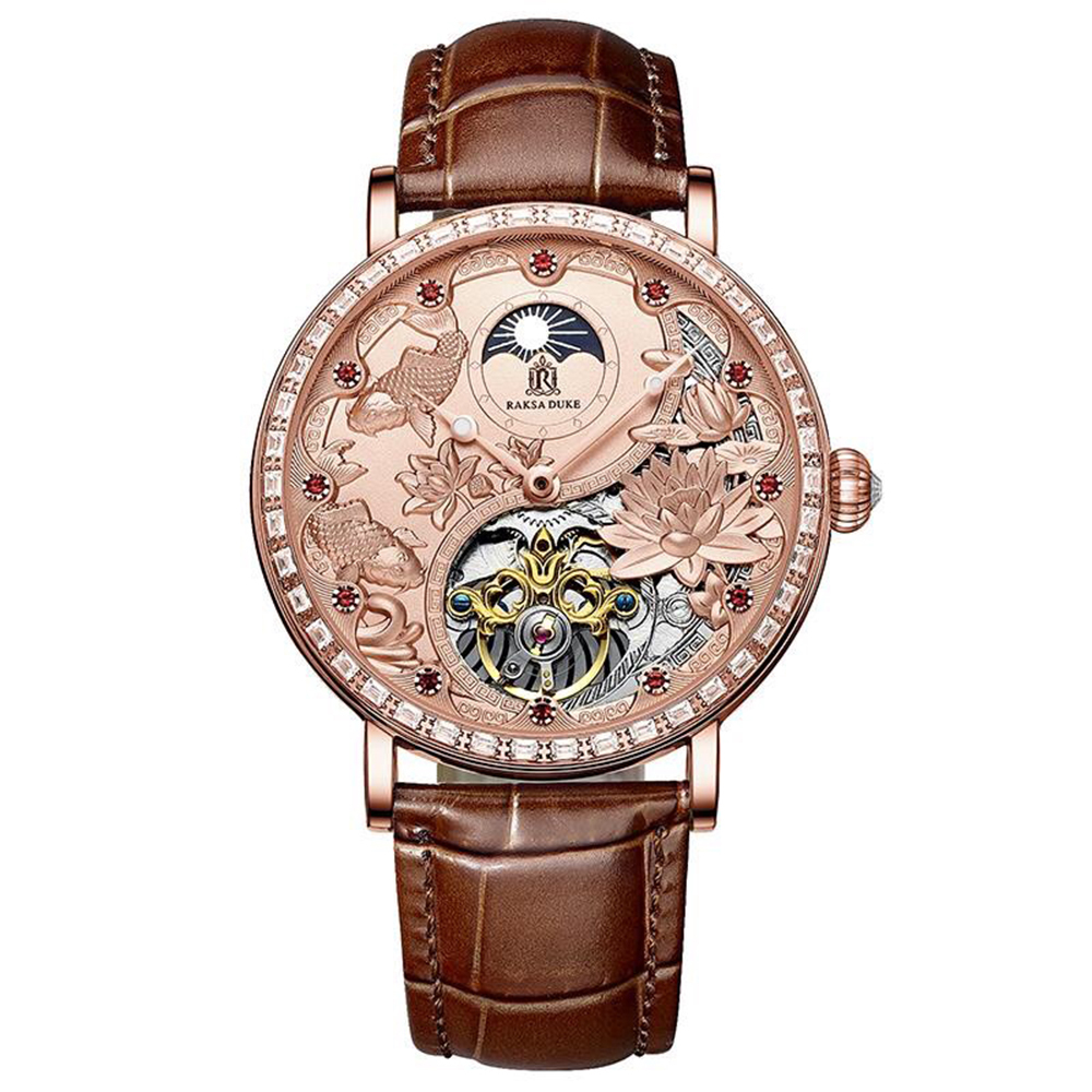 【RAKSA DUKE羅薩公爵】RSD-017 典雅花朵浮雕錶盤 晶鑽時標錶圈 日月星辰 夜光指針 小牛皮錶帶 機械錶-