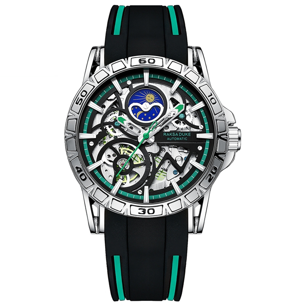 【RAKSA DUKE羅薩公爵】RSD-005 運動風 鏤空 日月星辰 夜光指針刻度 矽膠錶帶 機械腕錶 48MM-