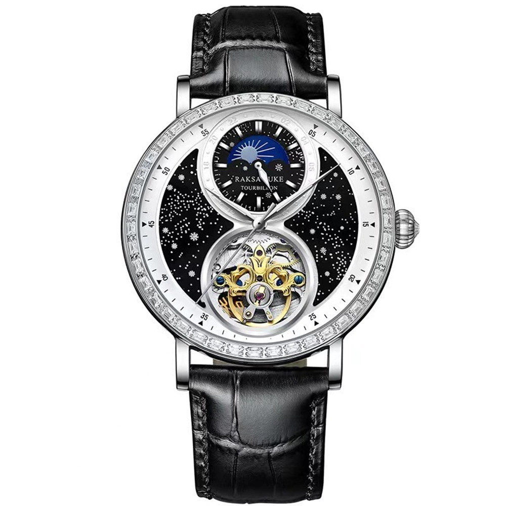 【RAKSA DUKE羅薩公爵】RSD-008 日月星辰 晶鑽錶圈 夜光指針刻度 頭層小牛皮錶帶 機械 腕錶 46MM-