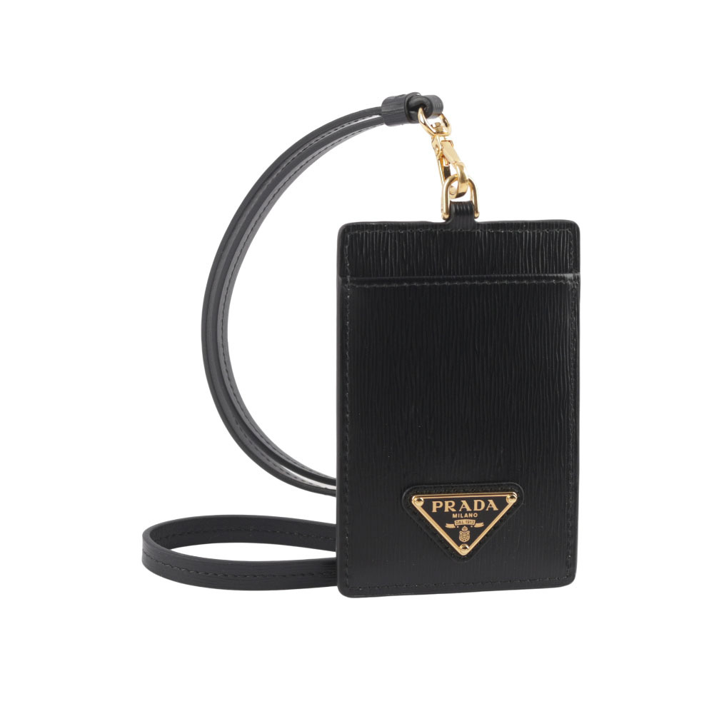 【Prada】金色三角牌Logo 水波紋皮革掛式證件套/卡夾