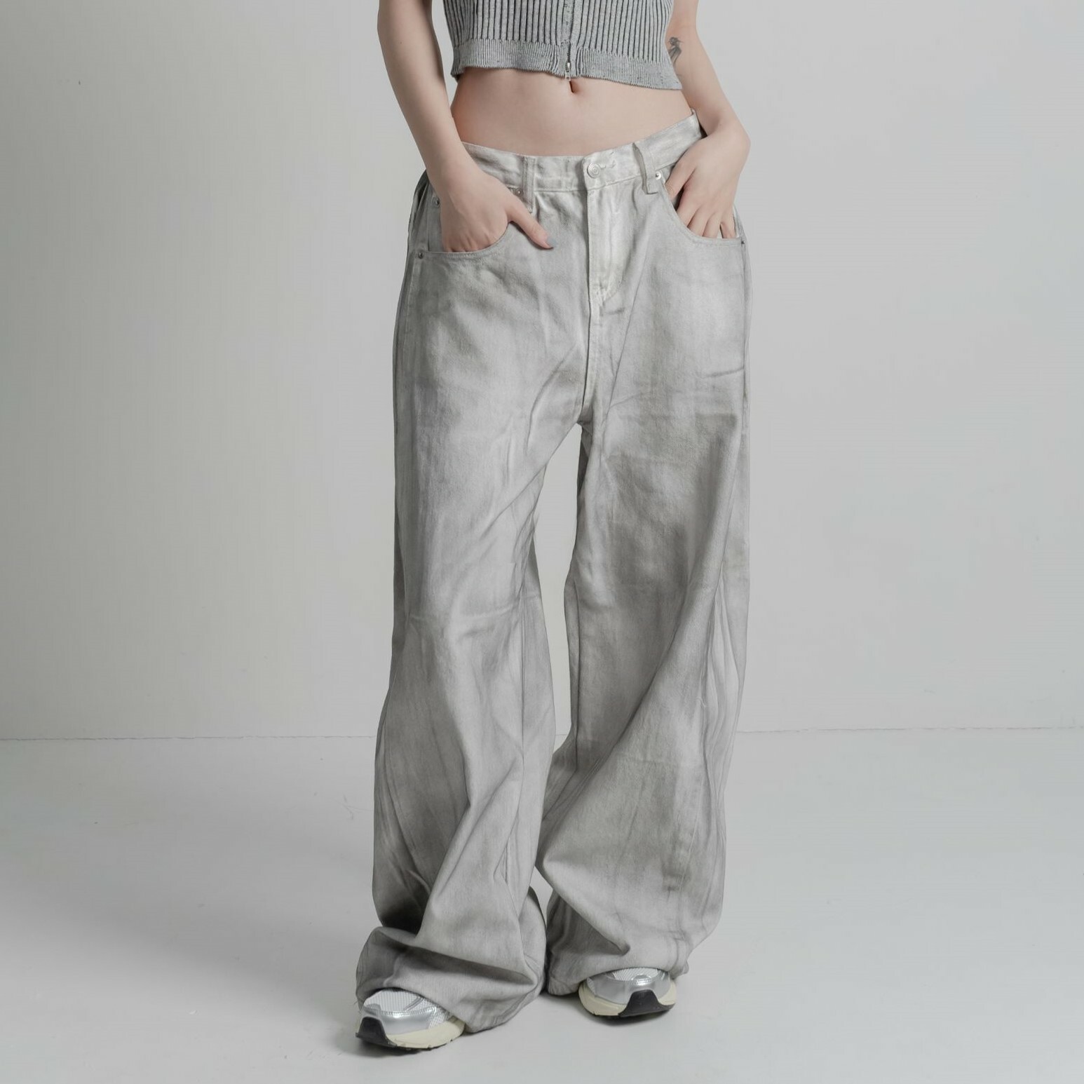 SIMON MADE BW-2435 煙燻 BAGGY 闊腿 牛仔褲