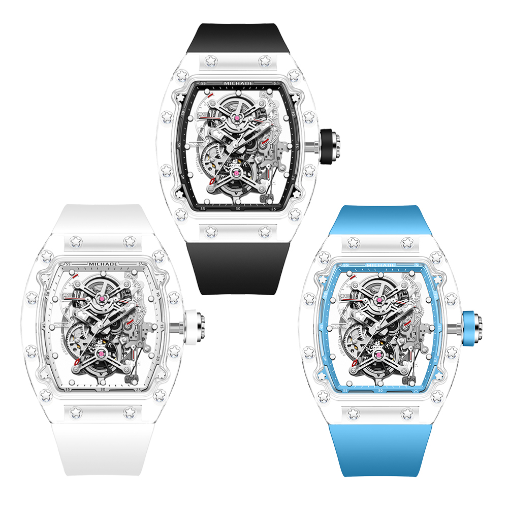 (預購)【MICHADE 米查德】MC 55-01 水晶系列-限量版 雙面鏤空 夜光指針 酒桶款 機械腕錶