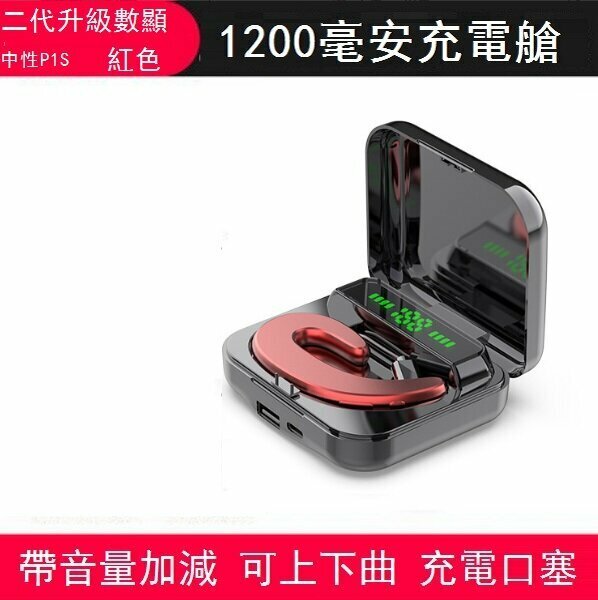 激抵單耳無線迷你藍牙骨傳導運動耳機(中性P1S紅色【帶數顯充電倉】)