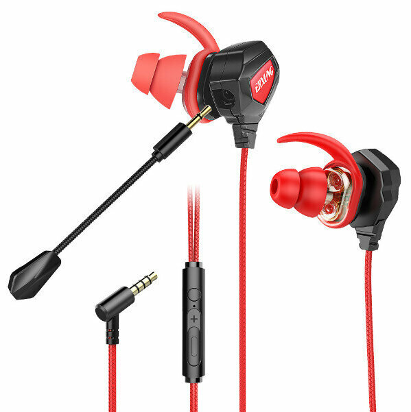 In-ear gaming headset, wired inline earbuds, headset, gaming headset (black and red + adapter cable)