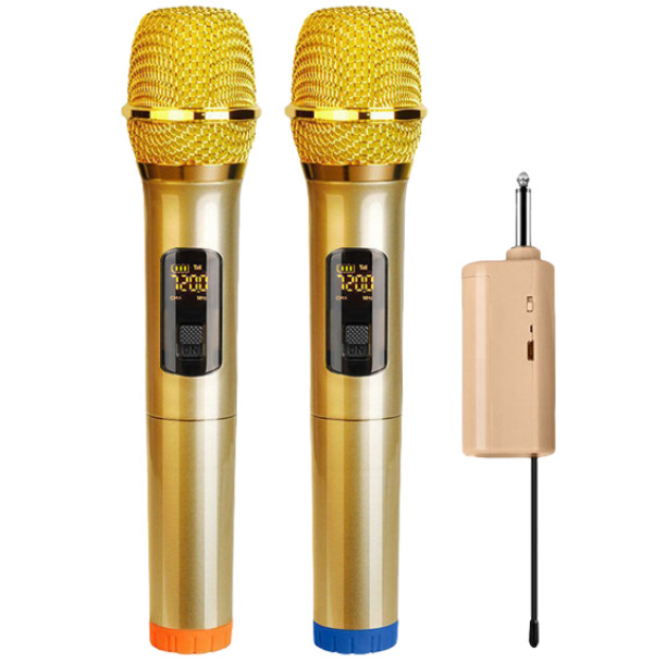 Wireless handheld battery microphone U-segment home KTV dynamic microphone black conference home karaoke microphone (V-12 gold double microphone)