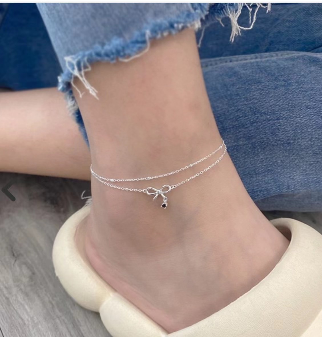 H133【腳鍊】  蝴蝶結單鑽雙層純銀腳鍊