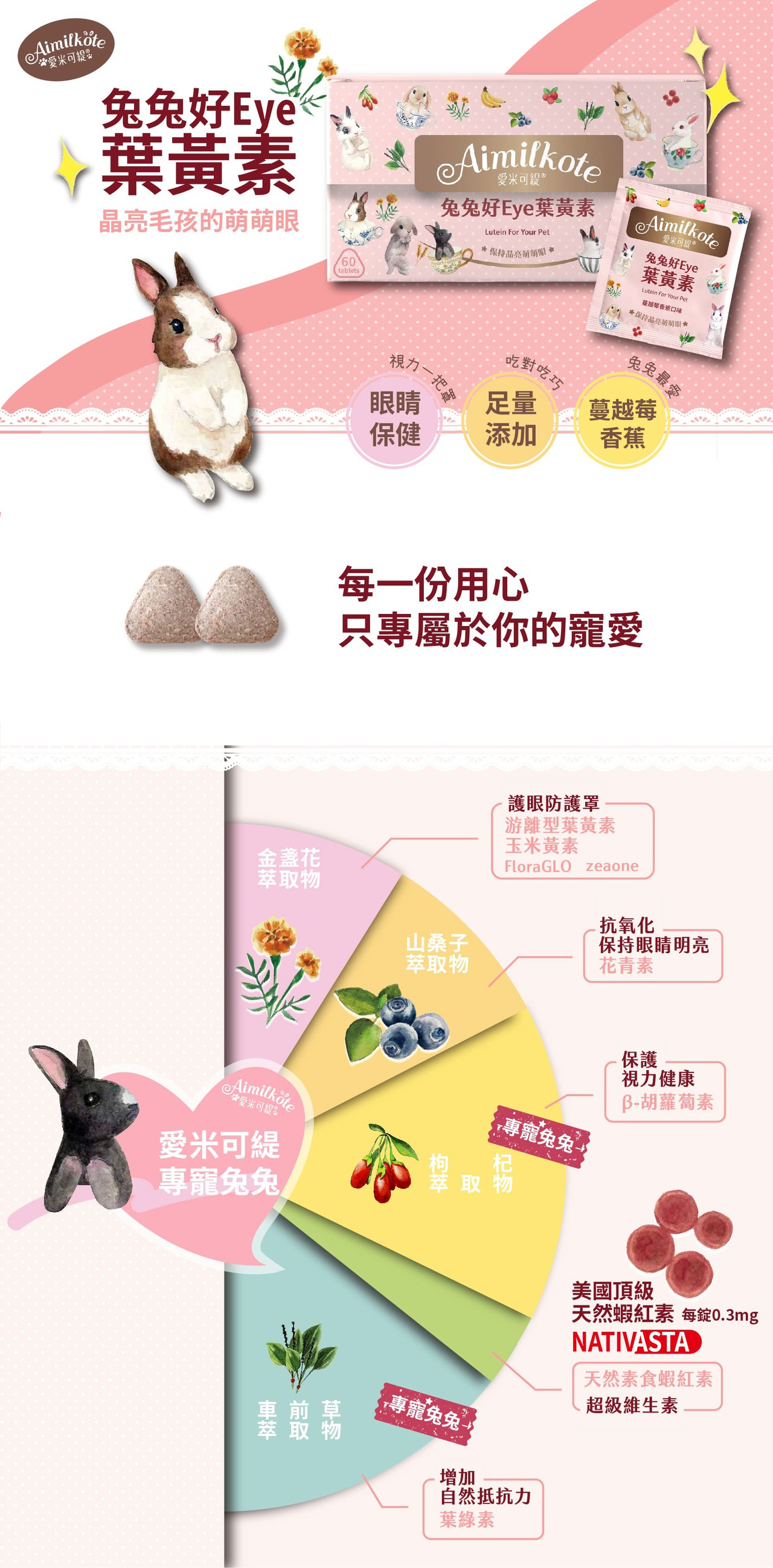愛米可緹 兔兔好Eye葉黃素 晶亮毛孩的萌萌眼 眼睛保健視力一把罩 足量添加吃對吃巧 蔓越莓香蕉口味兔兔最愛 每一份用心只專屬於你的寵愛 金盞花萃取物 護眼防護罩 游離型葉黃素 玉米黄素 FloraGLO zeaone 山桑子萃取物 抗氧化保持眼睛明亮 花青素 枸杞萃取物 保護視力健康 B-胡蘿蔔素 專寵兔兔 美國頂級天然蝦紅素 每錠0.3mg NATIVASTA 天然素食蝦紅素 超級維生素 車前草萃取物 增加自然抵抗力 葉綠素 專寵兔兔