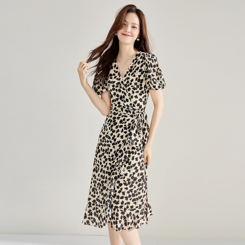 【零碼出清不退換】綁帶銀杏印花雪紡洋裝