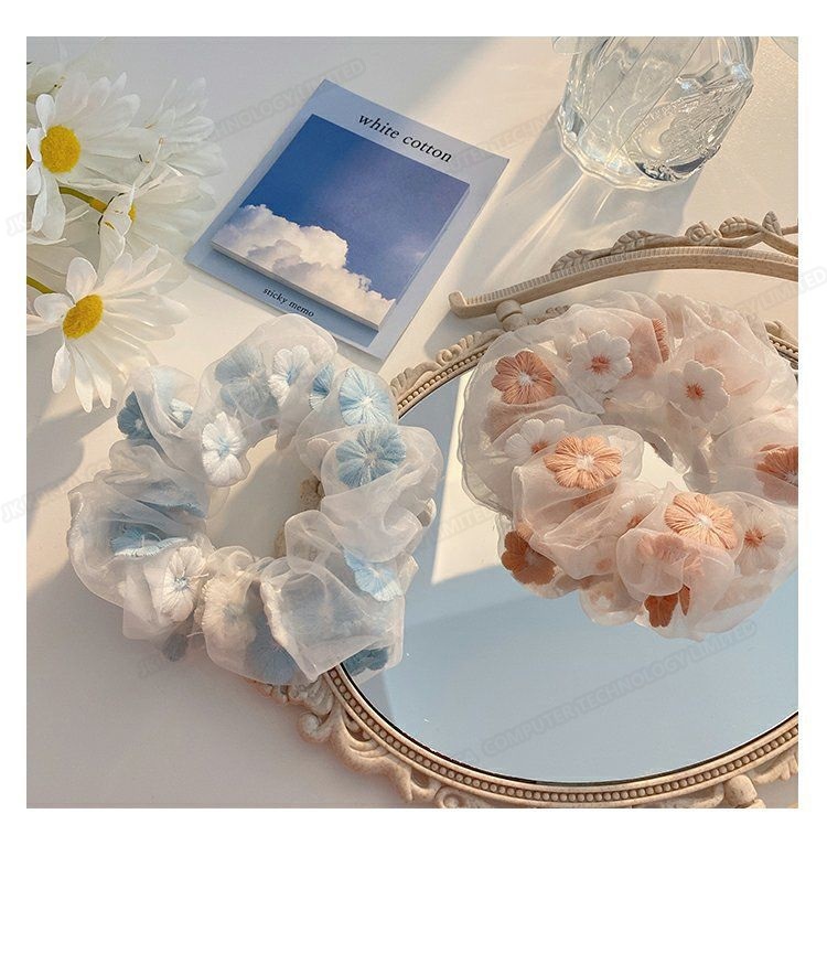 JK KOREA new romantic blue powder ~ sweet embroidery flower headband hair rope ins mesh head rope girls hair accessories (2 pieces) J0641