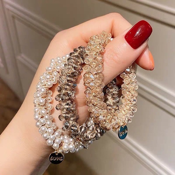 JK KOREA new pearl hair rope crystal hair ring rhinestone ponytail simple hair tie bracelet dual-use (3 pieces) J0630