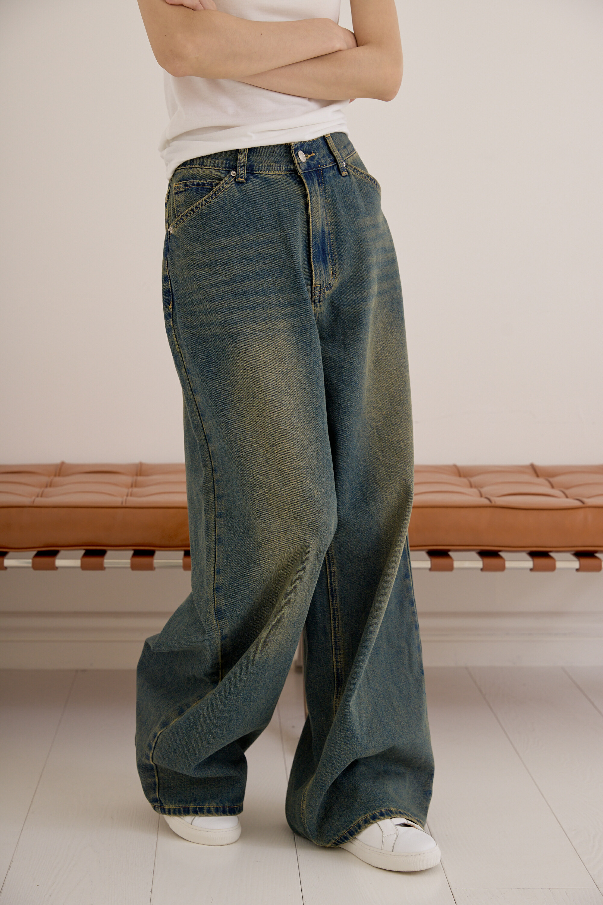 『最後現貨』guten made/刷舊復古遮胯型牛仔寬褲