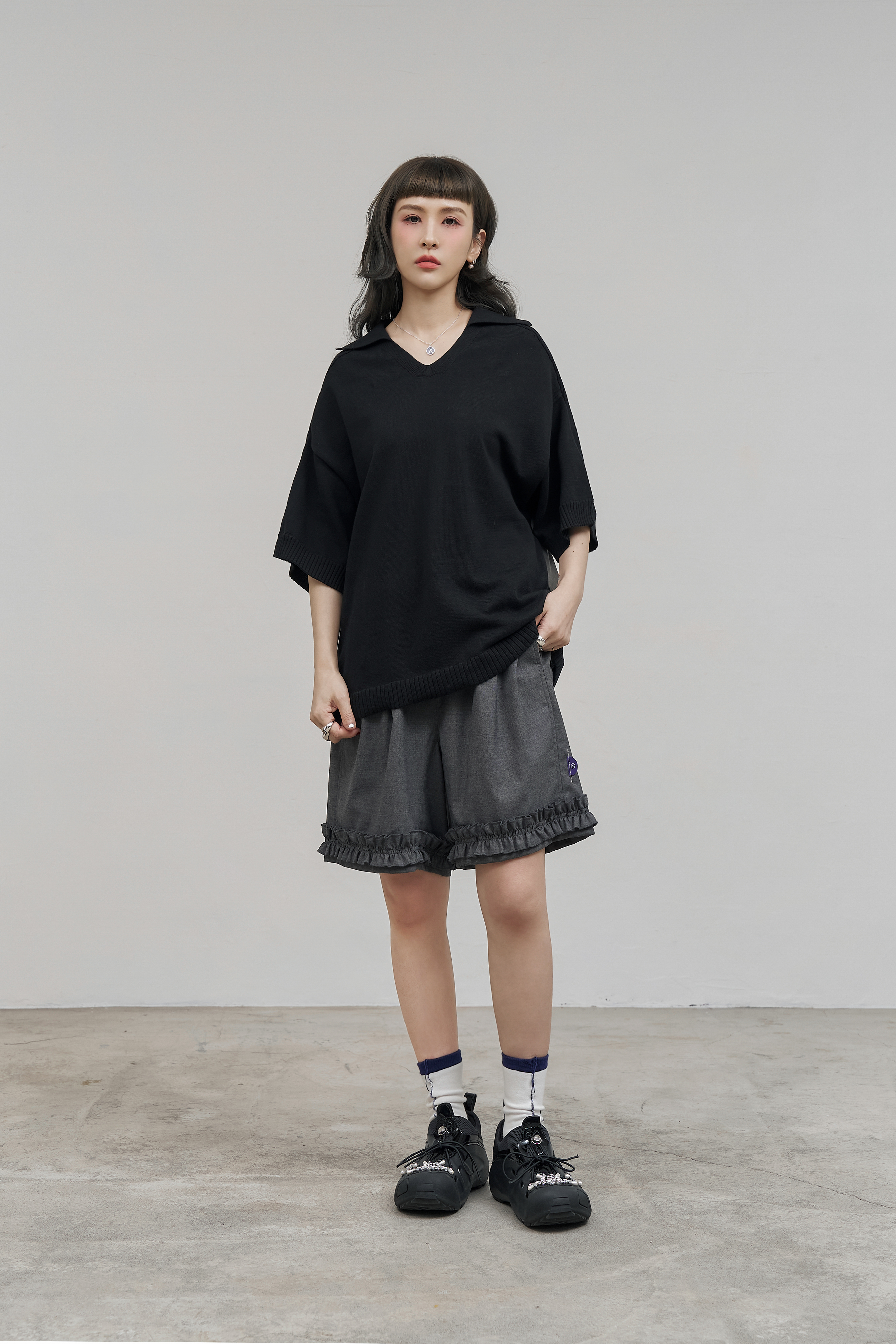 R-Initial Knit Polo Shirt｜Black