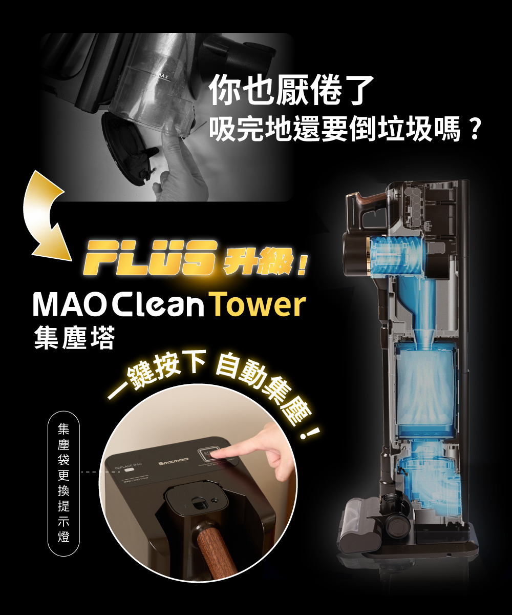 MAO Clean M8 PLUS 自動集塵．不卡毛無線吸塵器(除蟎/收納/集塵塔/M8+)