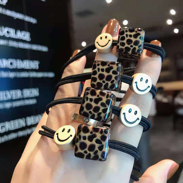 JK KOREA hair ring Korean version of the leopard square smiley face hair rope diamond-studded hand-knotted rubber band bow head rope hairpin hair accessories J0170