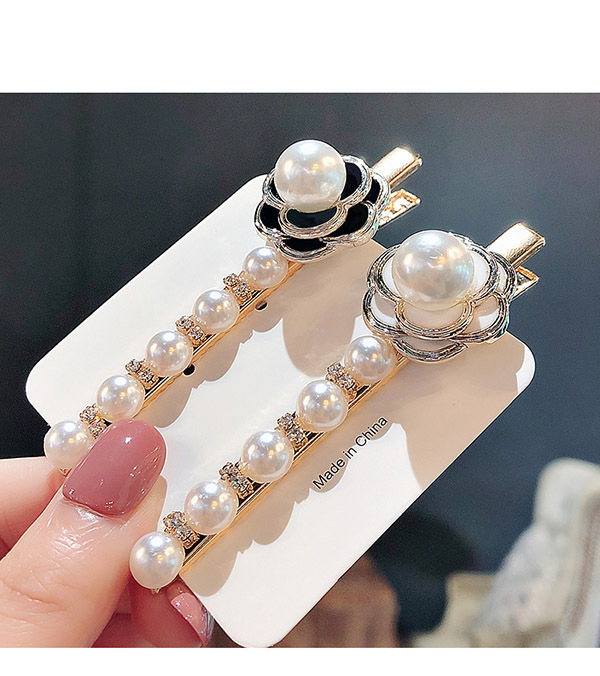 JK KOREA Camellia Pearl Hair Clip (Black and White Two-Piece Set) J0163