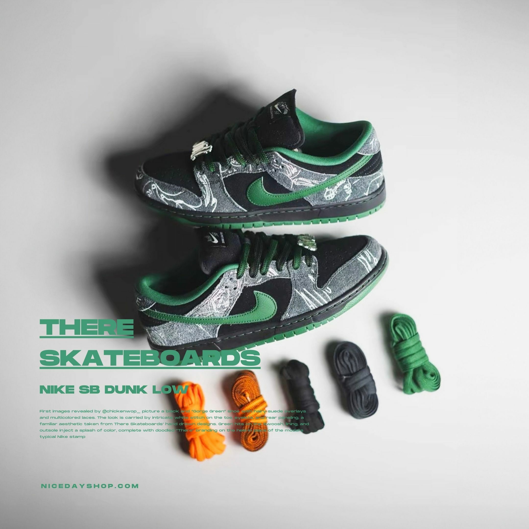 NICEDAY 代購 There Skateboards x Nike SB Dunk Low 聯名款 圖騰 黑綠 墨綠