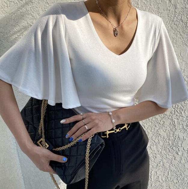 氣質顯瘦 喇叭短袖上衣(粉/黑/白)