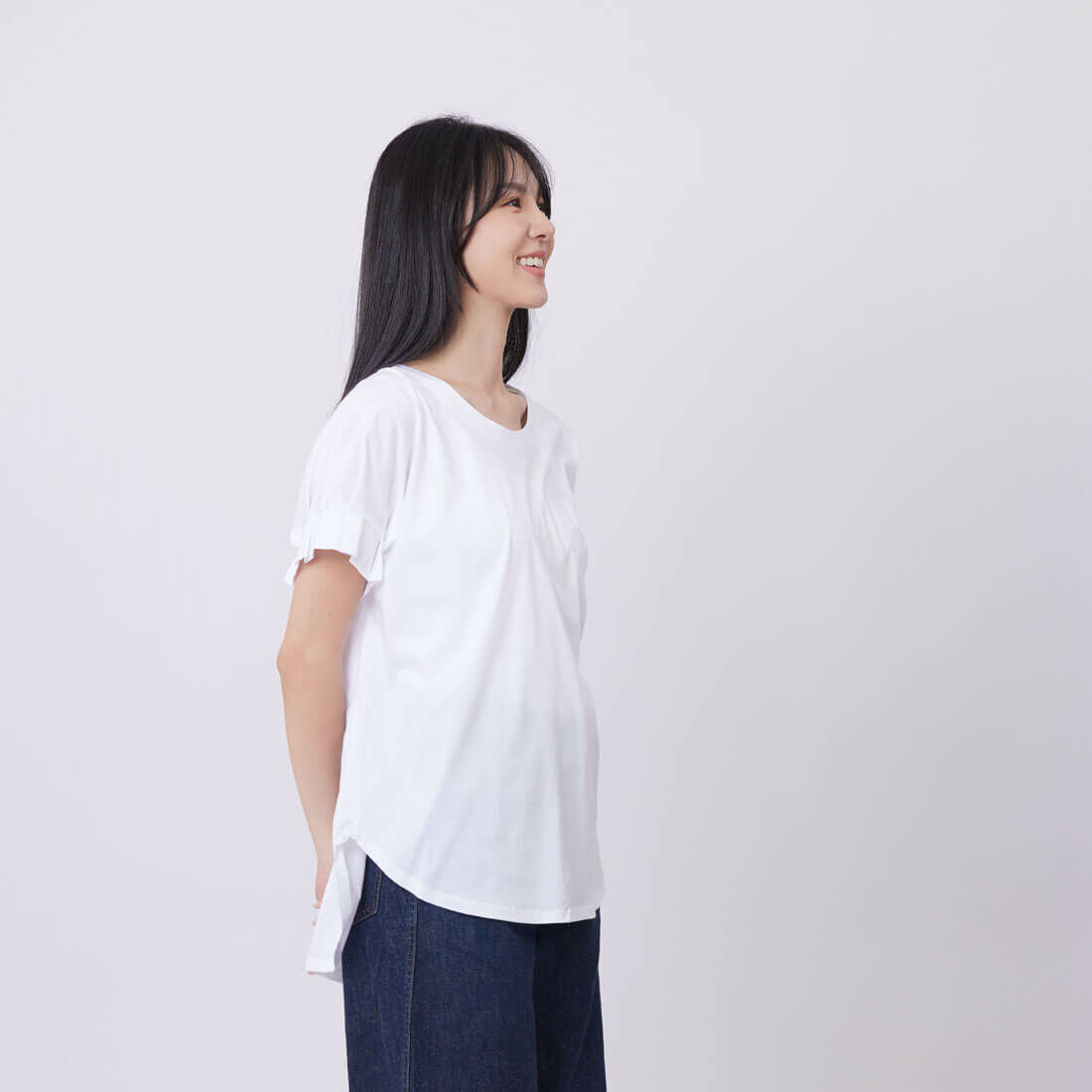 珠光棉車褶袖TEE/白