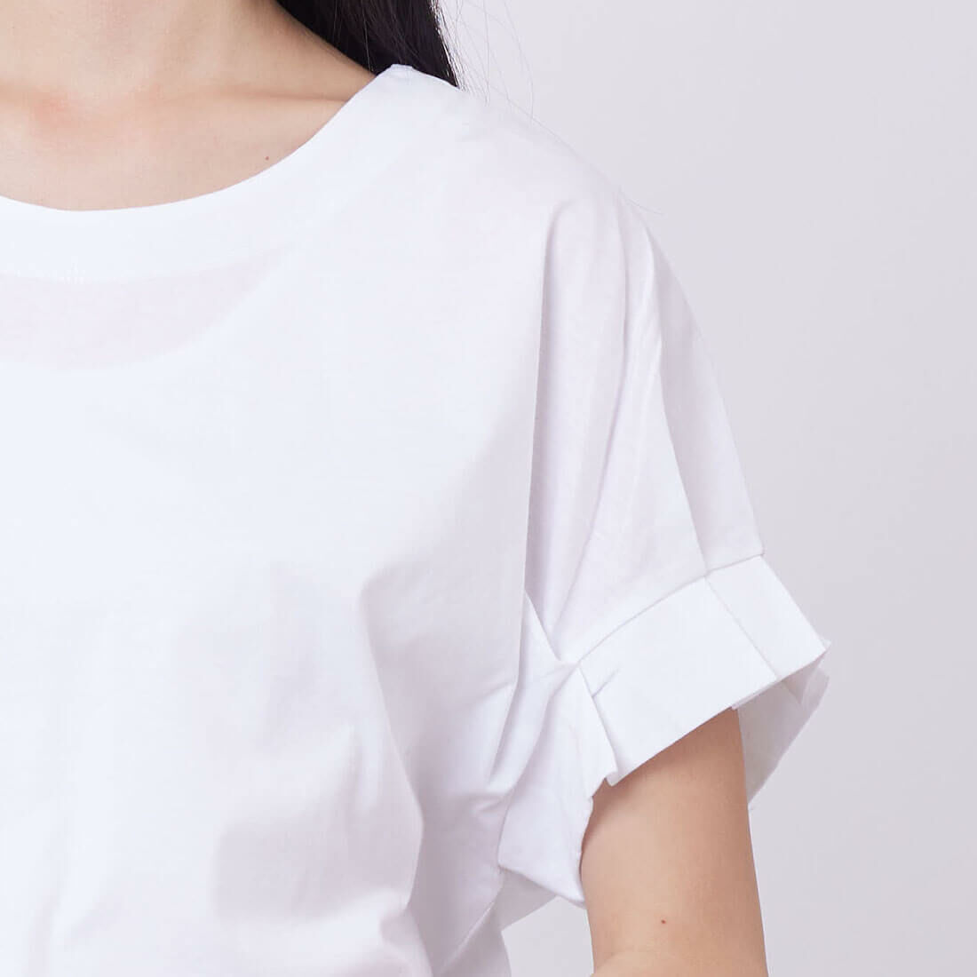 珠光棉車褶袖TEE/白