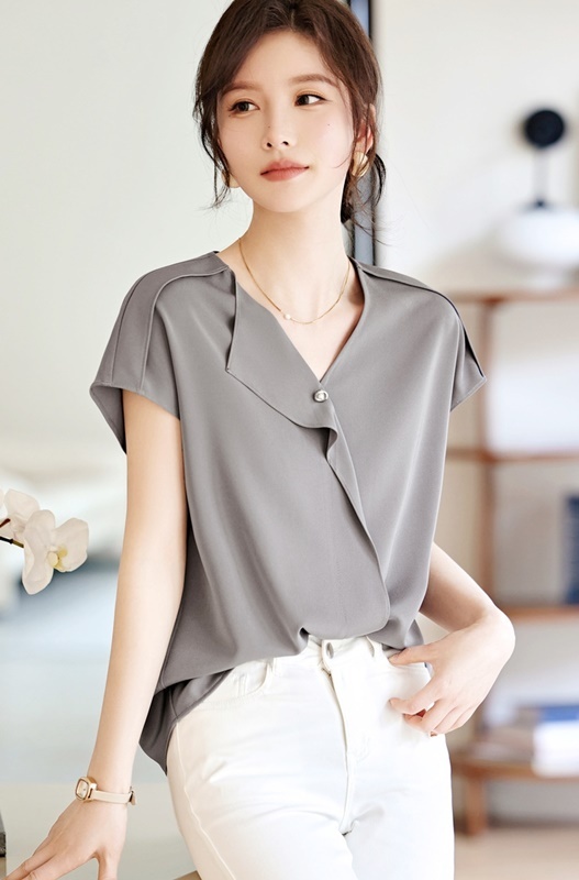 V領包袖雪紡上衣 灰色