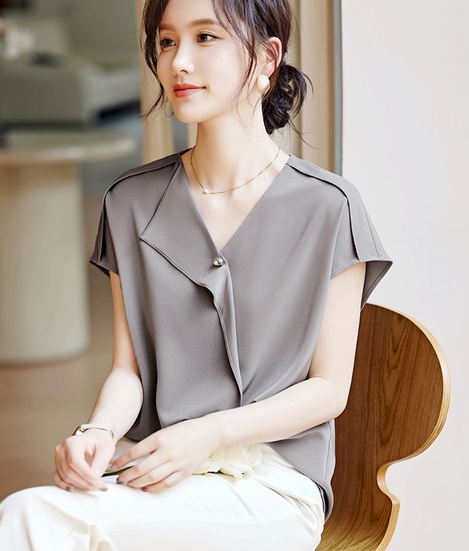 V領包袖雪紡上衣 灰色