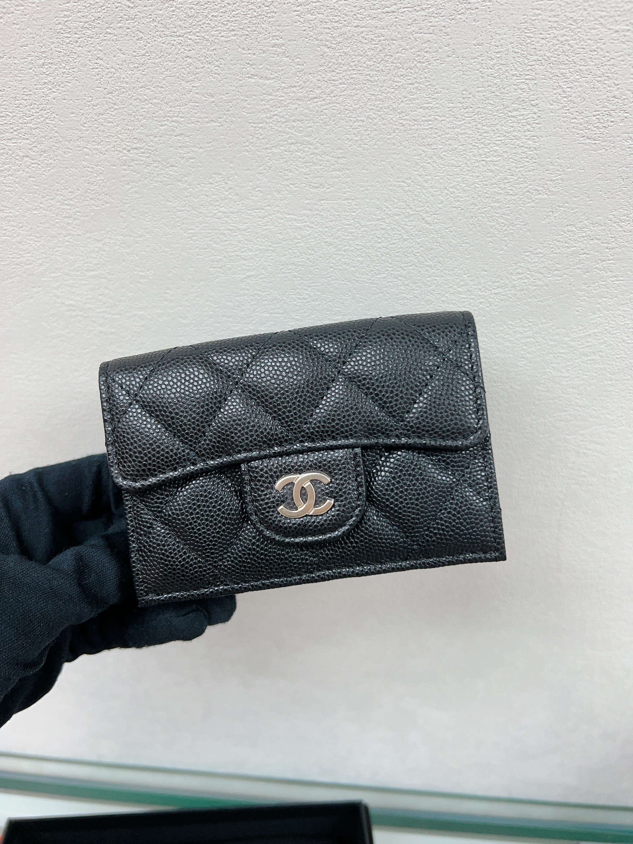 *Unused* Chanel classic flap tri-fold wallet (black caviar/champagne gold)