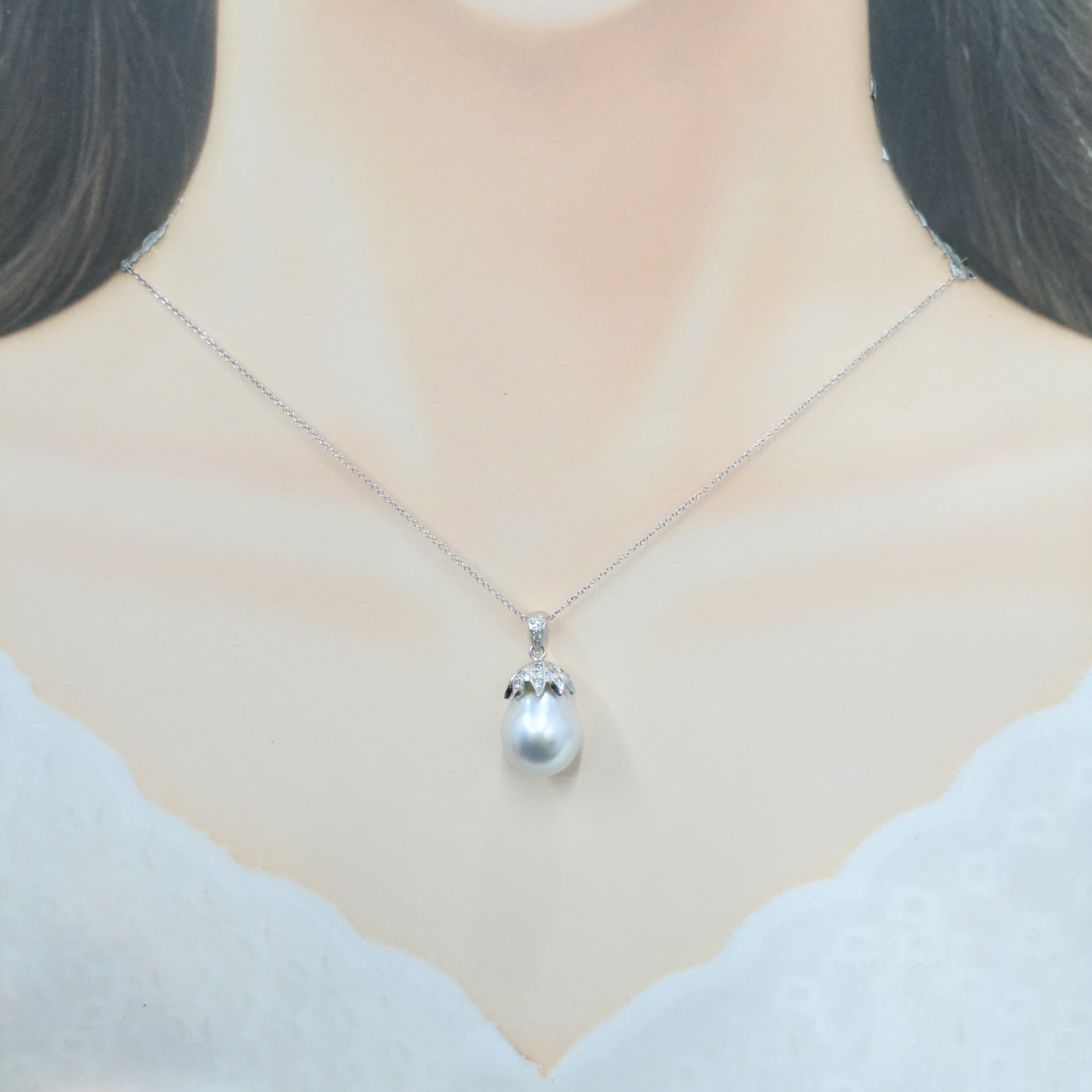 全新18K白金15份鑽石配珍珠吊墜