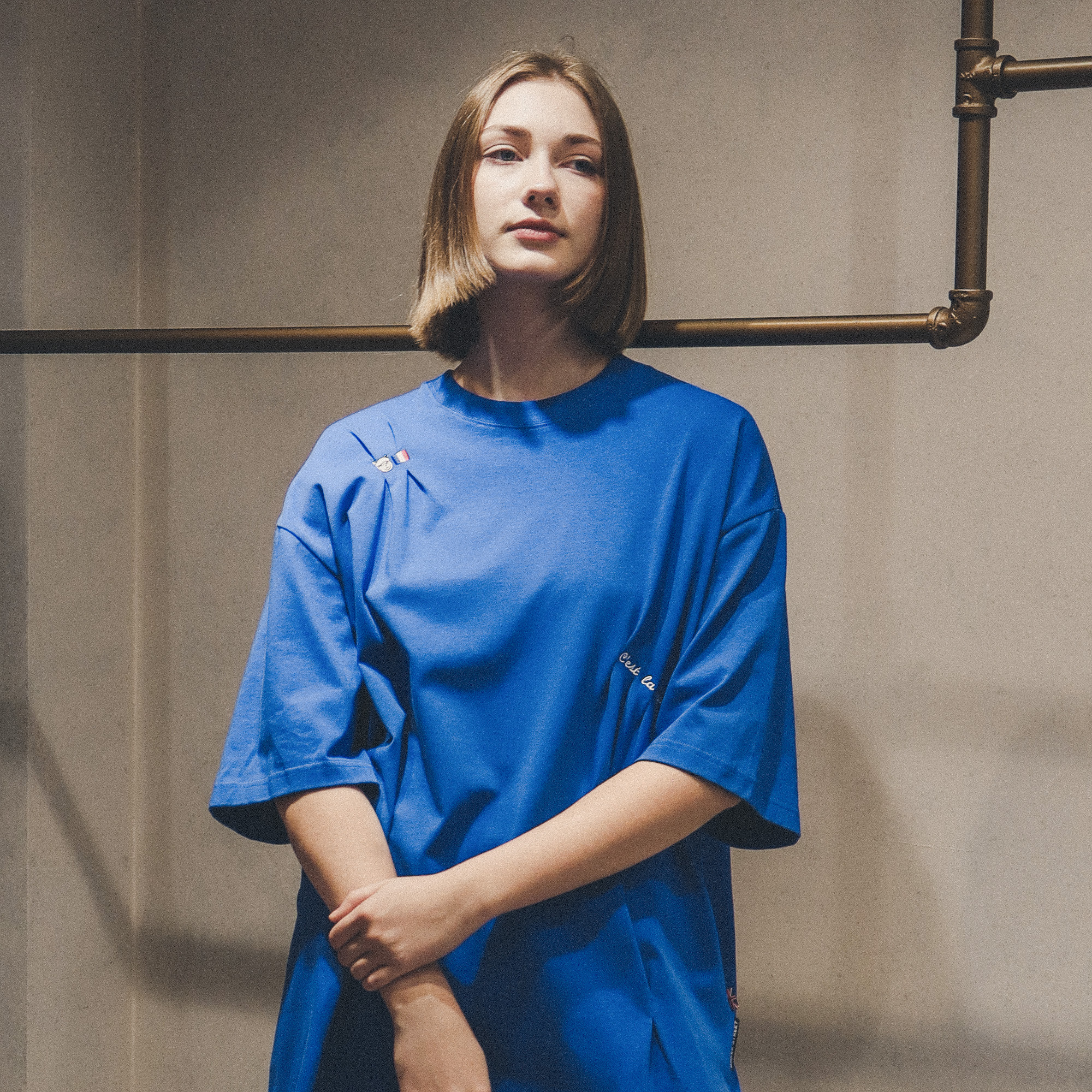 法式羊駝生活刺繡不規則抓皺短袖T