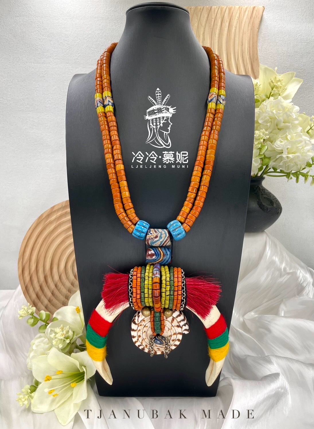 W-No.14傳統花珠複串大山豬牙長鍊 84cm