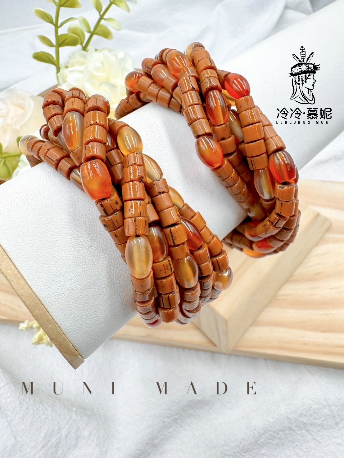 Muni-No.75貿易老珠橢圓瑪瑙複串手鍊16cm