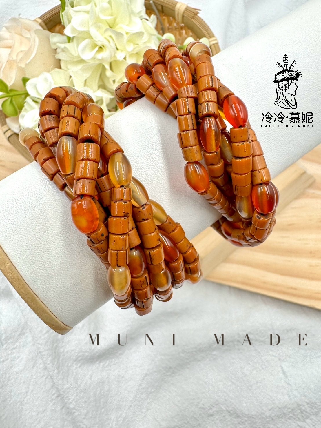 Muni-No.75貿易老珠橢圓瑪瑙複串手鍊16cm