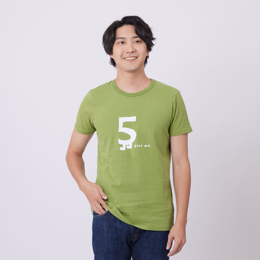 give me 5 短袖 蜜桃棉 男T 芥末綠