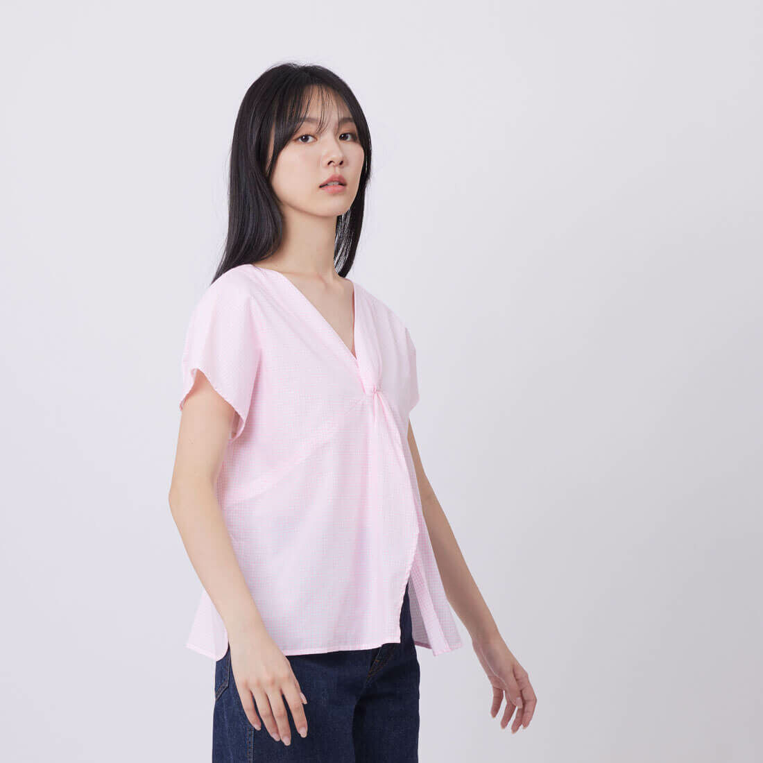 Double 雙面穿小蓋袖背交叉上衣/粉格