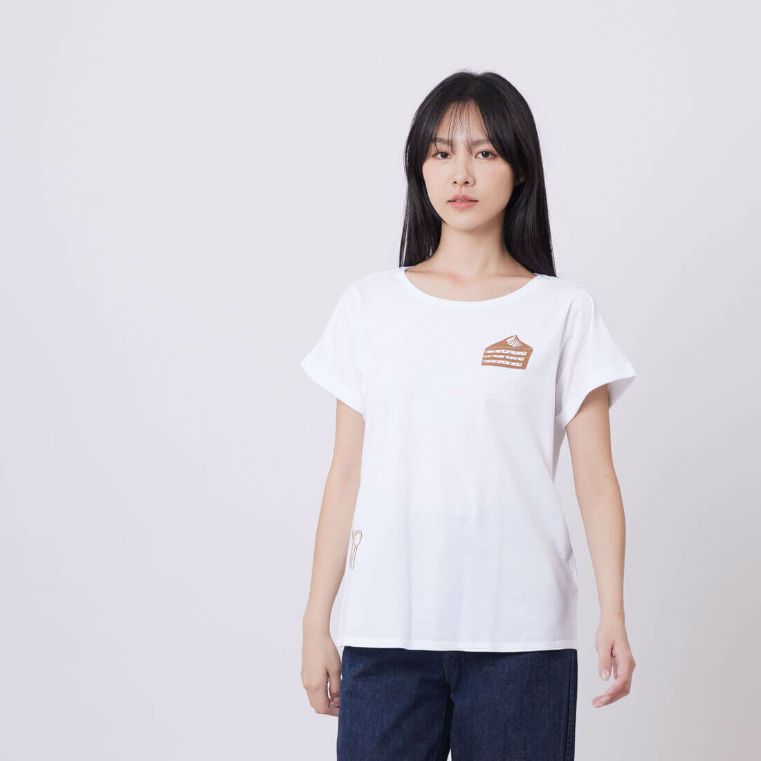 一塊蛋糕下午茶方袖反摺寬版女T/白色