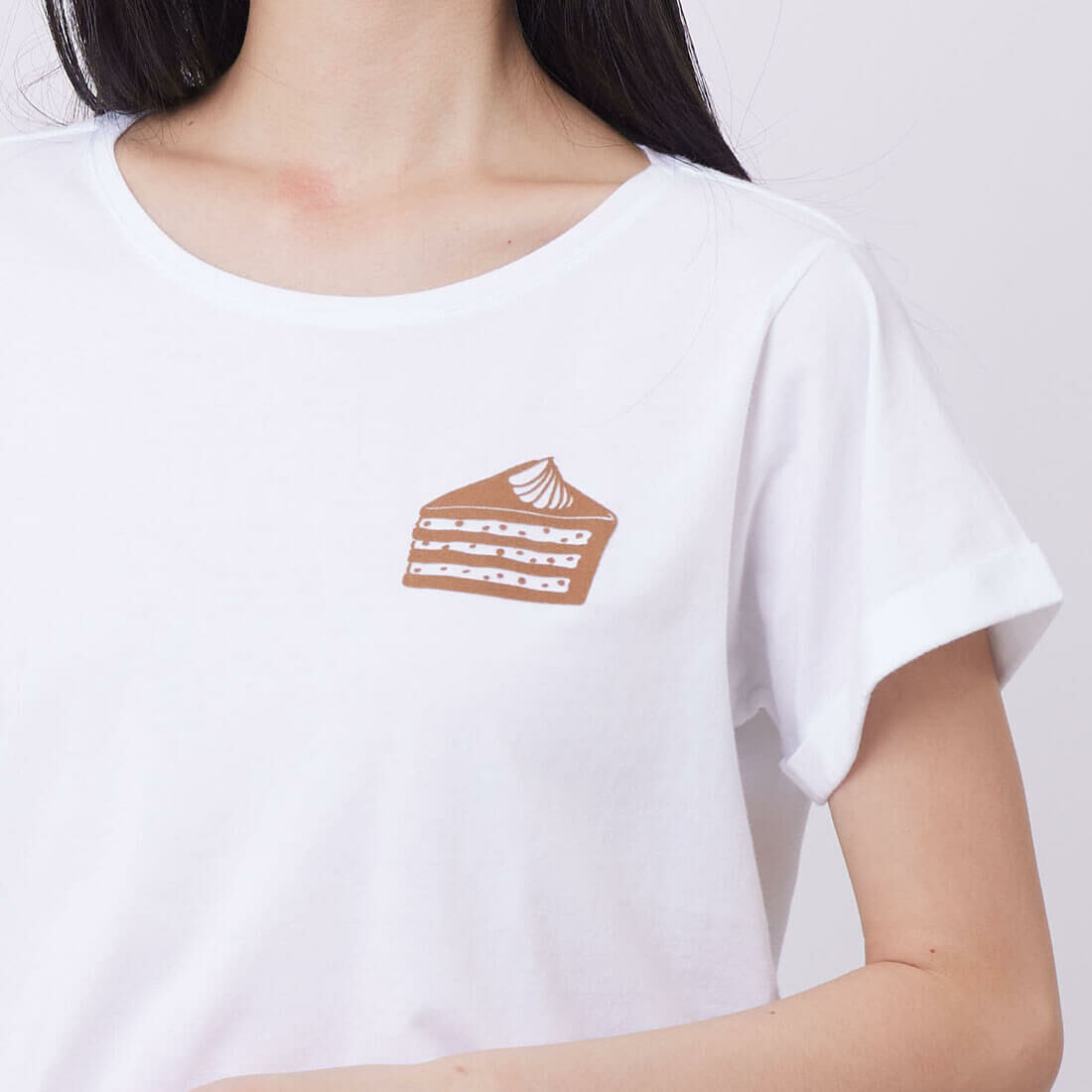 一塊蛋糕下午茶方袖反摺寬版女T/白色